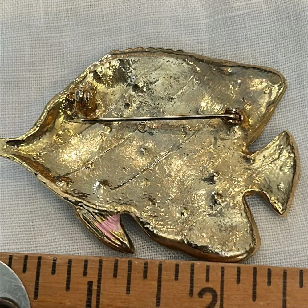Vintage Blue and Pink Fish Brooch with Crystals